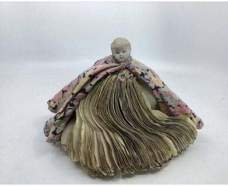 Antique all bisque head Victorian Fortune telling doll c 1890 with all fortune hand written prospect threaded leaves from the