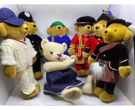 Merrythought collection of special issue teddy bears for British roles, cricketer, policeman, hiker , Tower guards and Scotti