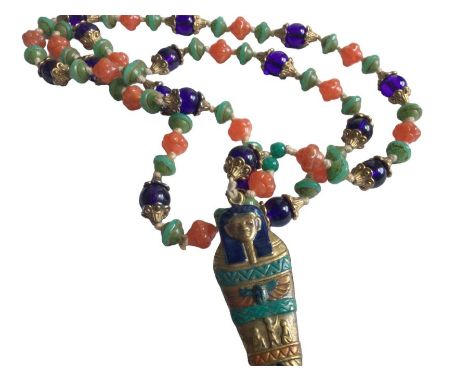 A Czech glass bead necklace in the Egyptian Revival style of the 20s, the beads appear to be original as does the sarcophagus