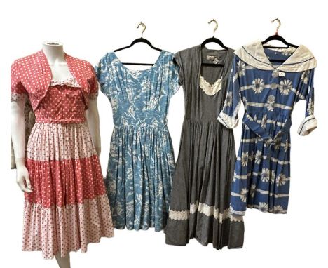 1950s Horrockses dress in Sinatra blue with stylised floral print, a 40s/50s day dress in grey with full skirt and giant rik 