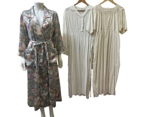 An early 20th century brushed cotton nightgown, a 30s/40s Celanese rayon nightgown and a rose print satin robe (3)&nbsp;