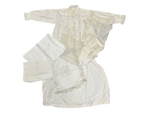Antique whites to include a 19th century nightgown with hand cutwork design, a linen nightie case with inserts of Bedfordshir