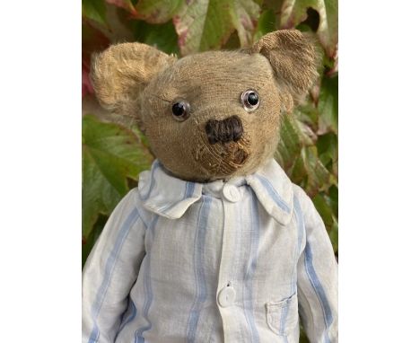Chad Valley Fine antique teddy bear 16&rdquo; tall, in striped wartime linen pyjamas and a cream and blue blanket for comfort