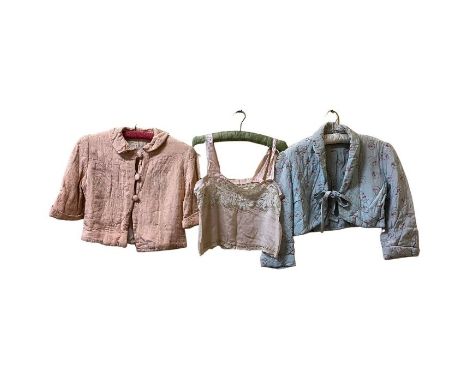 Vintage and antique lingerie and nightwear to include tap pants/ cami knickers, a blue floral quilted bed jacket, slips, nigh