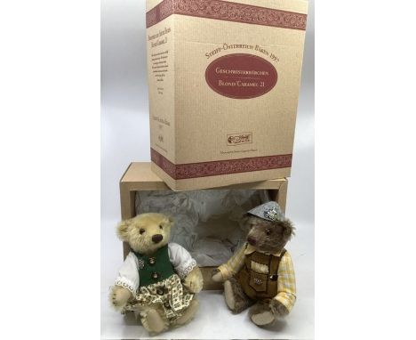 Steiff 1997 Brother and &nbsp;sister &nbsp;blonde and Caramel teddy bears set, boxed and as sold in Austrian traditional boy 