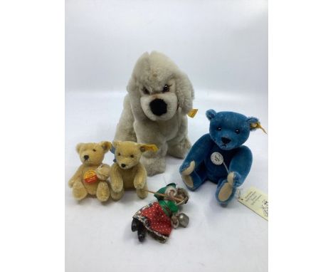 Steiff vintage plush dog 5445/20 and 2 miniature golden articulated teddy bears &nbsp;with tags and a hedgehog toy and a Blue