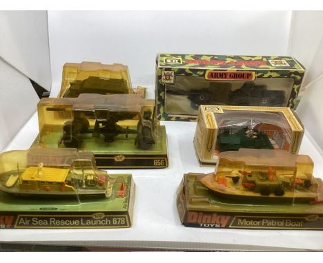 Vintage Dinky and Britains toy die cast vehicles and boats-condition is good vintage mainly and all retain their original box