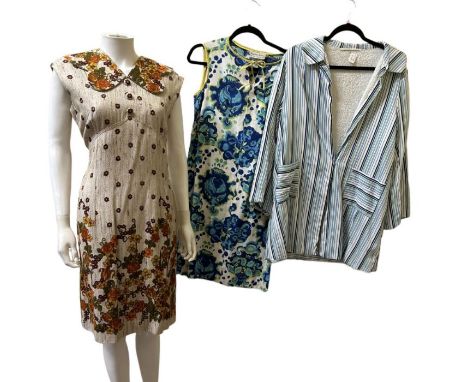 Mostly 1960s fashions to include an interesting woollen shift dress by Heals, a Horrockses bark cloth dress, a hessian look s