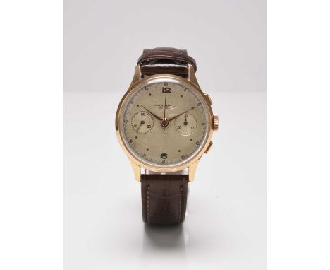 Chronographe Suisse: A gentleman's 18ct gold chronograph wristwatch Date: Circa 1950 Movement: Jewelled manual wind Dial: Sil
