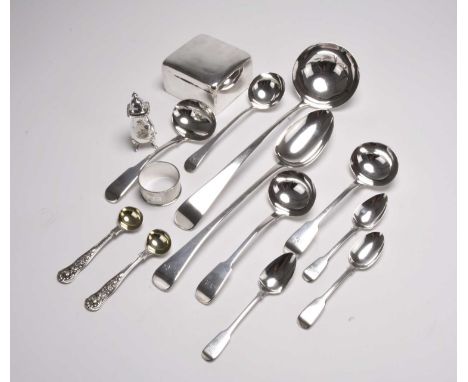 A small collection of silver, comprising; a George III silver soup ladle, London 1805, a George III silver basting spoon, Lon