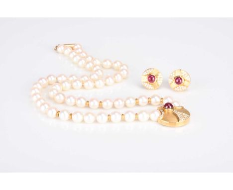 An 18ct gold Leo De Vroomen ruby, diamond and cultured pearl necklace with en-suite earrings, the necklace designed as a cent
