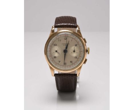 Chronographe Suisse: A gentleman's 18ct gold chronograph wristwatchDate: Circa 1950Movement: Jewelled manual windDial: Silver