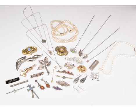 A 9ct gold single cultured pearl stick pin, weight approx 1.2g, together with a silver ingot pendant, a collection of silver 