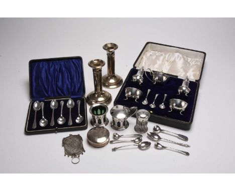 A small collection of silver, comprising; a cased set of five silver cruets, George Unite, Birmingham 1918, an Art Nouveau si