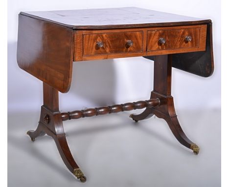 Reproduction mahogany sofa table, 'D' shaped leaves with cross banding, fitted with two frieze drawers, matched by dummy draw