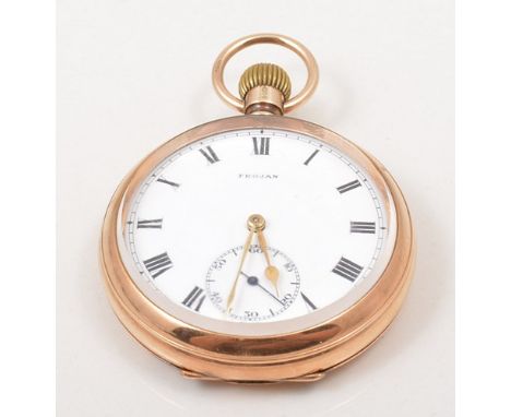 9ct rose gold pocket watch, Chester 1920, enamel dial signed Trojan, Swiss seventeen jewel keyless lever movement.