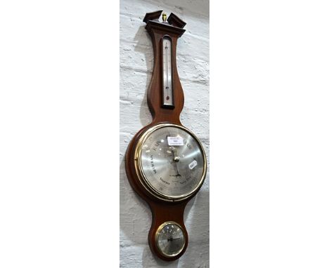 Reproduction banjo shape wall barometer, signed Shortland Bowen, 61cm.