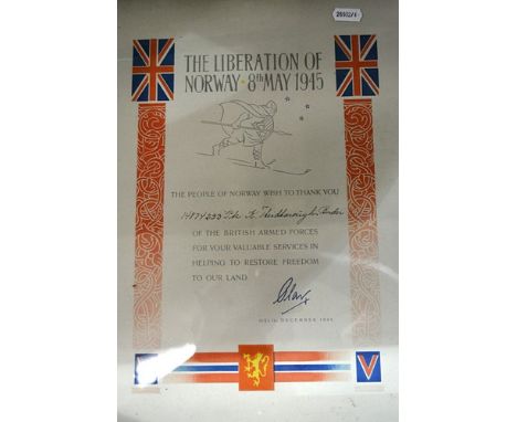 Framed certificate, The Liberation of Norway 8th May 1945, an army group photograph and two photographs of destroyers (4).