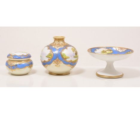 Noritake dressing table set, decorated with European river landscape views, including an oval tray, 30cm, two scent bottles, 