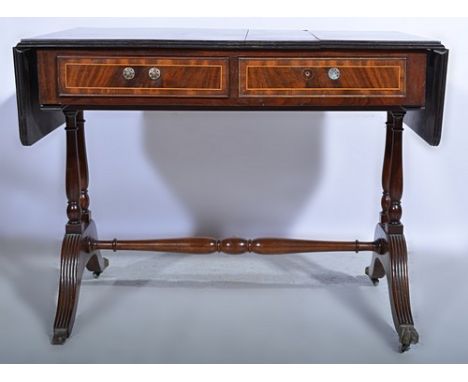 Reproduction mahogany sofa table, 'D' shaped leaves, with crossbanding and stringing, fitted with two frieze drawers, twin co