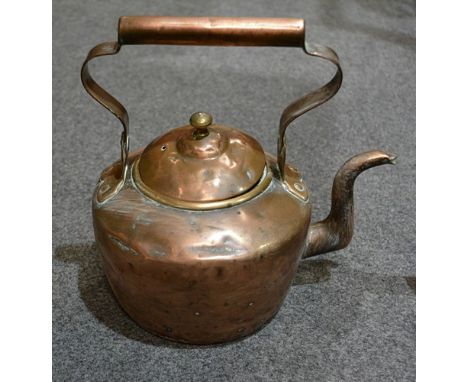 Set of brass postal balance scales, oak platform, width 20cm with weights, copper kettle, Primus stove, copper tea urn and ot