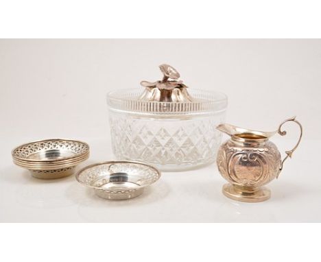 Cut glass circular bowl, a Victorian silver lid, Sheffield 1846, leaf finial, a small Victorian cream jug, Birmingham 1895 an