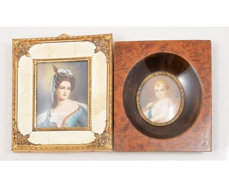 Two pairs of reproduction oval portrait miniatures, framed respectively in walnut and yew wood, and another reproduction port