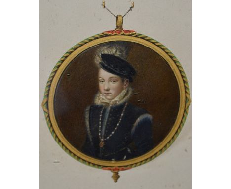 Victorian School, a portrait "Miniature" a young Tudor Gentleman, presented Trompe l'oeil, water colour with gilt, visible, 1
