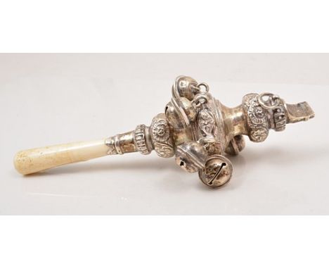 Victorian silver baby's rattle, Birmingham 1892, repousee decoration with a whistle and six bells, an ivory teething stick, 1