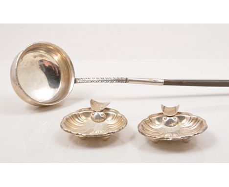 Georgian white metal toddy label, twisted whale bone handle, 7cm overall, two American sterling silver scallop shape ashtrays