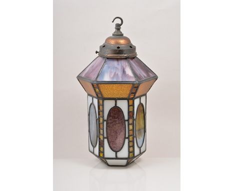 Leaded glass hall lantern, hexagonal shape, oxidised metal fitment, 47cm overall.