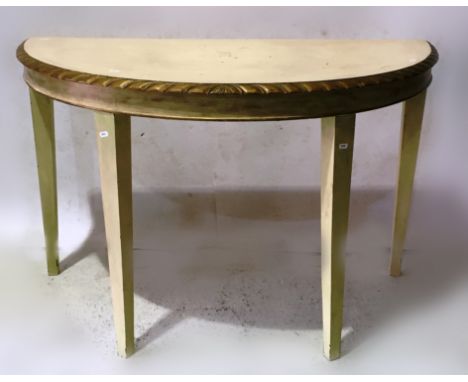 A painted demi-lune console table, fluted tapering supports, width 121cm