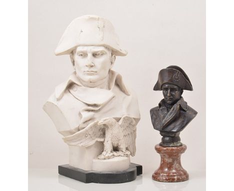 Resin portrait bust, Napoleon, 43cm and a reproduction cast metal bust of Napoleon signed J Masson (2).