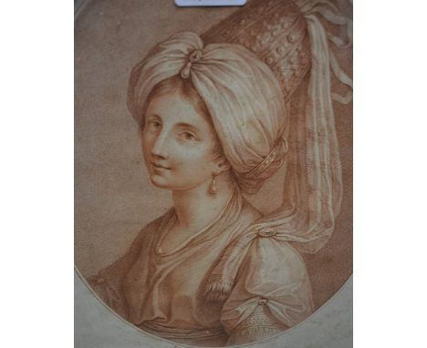 After Giovanni Battista Cipriani, Portrait of a Lady, sepia tinted stipple engraving, published 1775, arched, 34cm x 25cm and