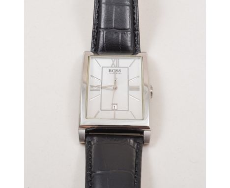 Gents Hugo Boss wristwatch, silvered dial with date aperture on a leather strap, gents Spitfire watch, a gents Rotary watch a