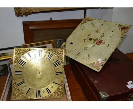 Brass longcase clock dial, signed R Sidwell, Nuneaton, cast spandrels, part movement and a white painted longcase clock dial 