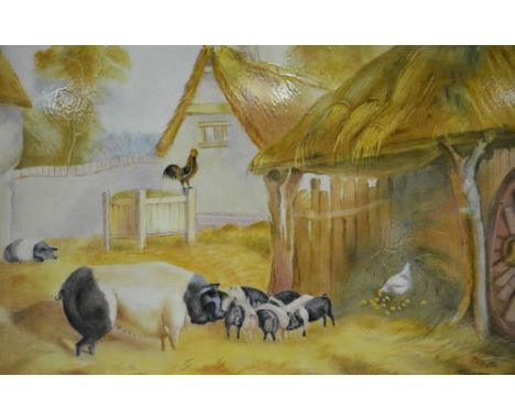 Porcelain plaque, painted by E R Booth, Worcester, Pig and Piglets, 14cm x 19cm and a companion panel, Badger and Cubs, both 