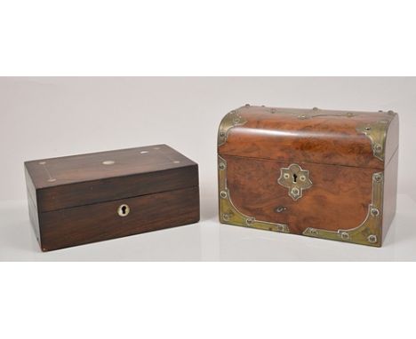Victorian walnut and brass mounted casket shape tea caddy, two section interior, width 20cm, a Victorian rosewood box and a V