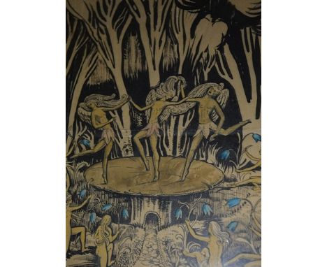 K* , Fairies Dancing on a Mushroom, initialled, mixed media, 26cm x 16cm, print after Jack B Yeates, published Cuala Press, D