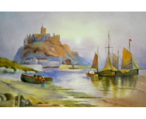 Porcelain plaque, St Michaels Mount, painted by E R Booth, Worcester, 14cm x 19cm and a companion plaque, Shipping Be Calmed,
