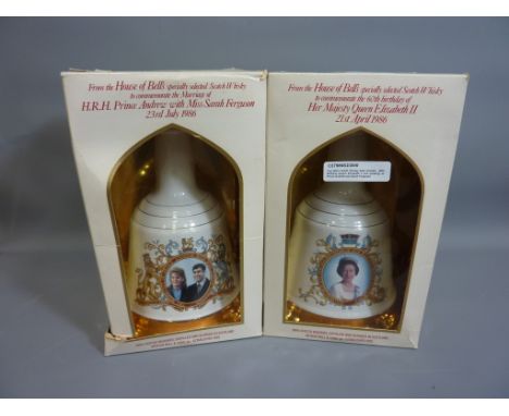 Two Bell's Scotch Whisky bells unopened (boxed) - 60th Birthday Queen Elizabeth II and wedding of Prince Andrew and Sarah Fer