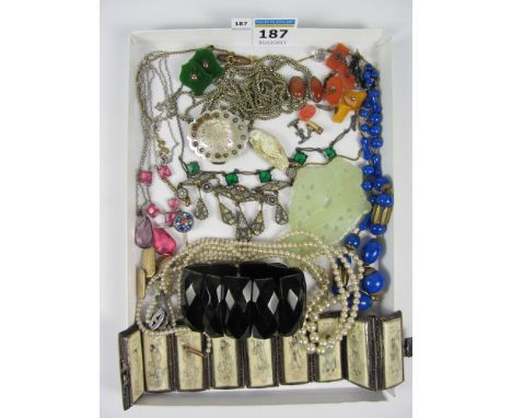 White metal Chinese signature panel bracelet, micro-mosaic necklace, vintage costume items in one box