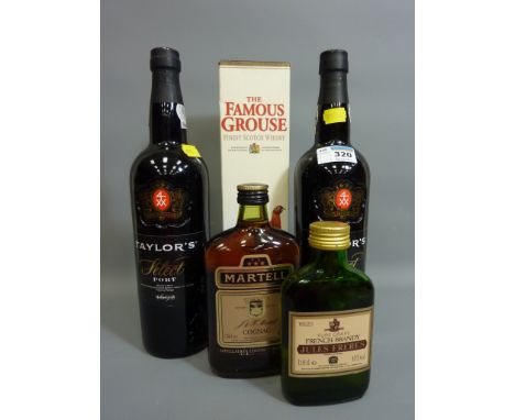 Taylor's Select port - 2 bottles, Famous Grouse Scotch Whisky - 1 bottle, Martell cognac 34cl and Jule Freres brandy 15.6cl (