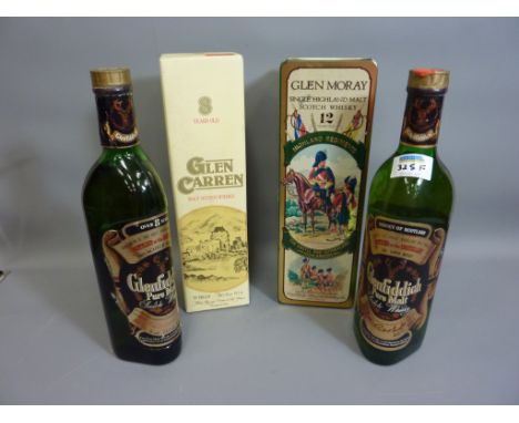 Four bottles malt Scotch whisky Glenfiddich x 2, Glen Moray 12yo and Glen Carren 8yo