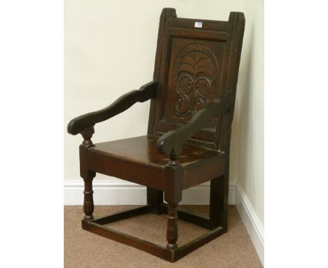 17th century and later oak jointed Wainscot chair, tipped, with carved back fielded panel, on later base, W56cm