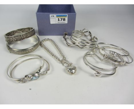 Hallmarked silver heart bead bracelet and three bar bangle, bangles stamped 925 and white metal hinged bracelets in one box