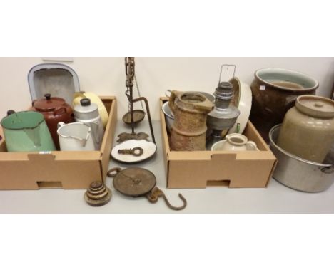 Old scales and weights, enamel and other vintage kitchenalia in two boxes