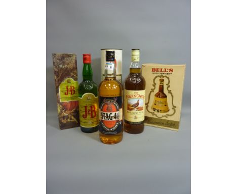 Six bottles blended Scotch whisky 1l. Stag 41, J&B x 2, Bells. Mackinlay, 1l.Famous Grouse