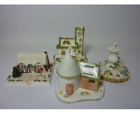 Four Coalport ornaments - 'The Sundial',  'The Oast House', 'Village Church' and 'Christmas Cottage'