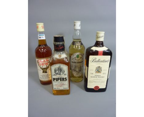 Glen Grant malt whisky 5yo distilled 1971, Pipers Scotch whisky, Ballantine's blended whisky 1litre and a bottle of Clan Dew